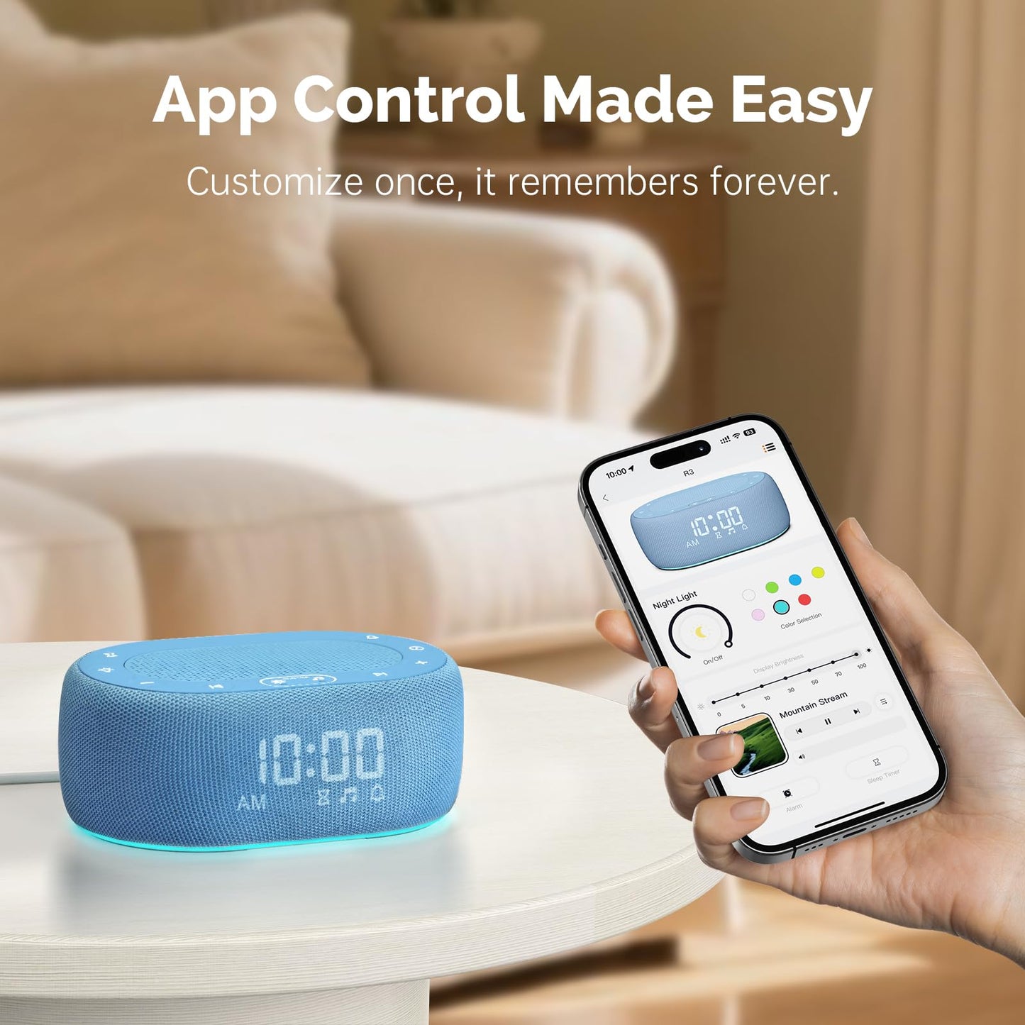 1Mii White Noise Sound Machine for Sleep, Pink Noise Machines for Baby Adults Sleeping, 18 Soothing Sounds with 7-Color Night Light, Timer, Alarm Clock, 16 Volume Levels, Easy App Control - Blue