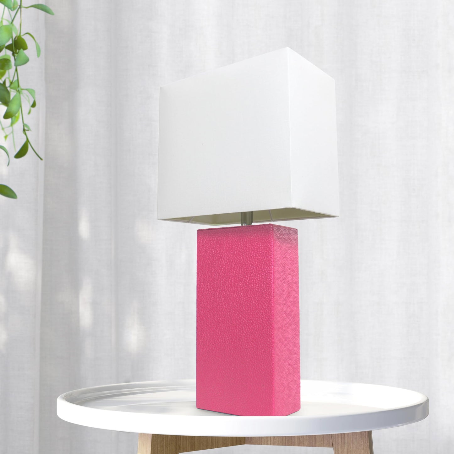 LALIA HOME Lexington 21in Leather Base Bedside Table Lamp, Hot Pink, Fabric Shade, Modern Decor for Living Room, Bedroom, Office