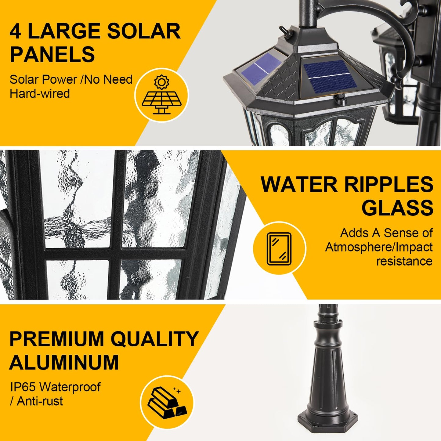 Gydz 3-Head Solar Outdoor Street Light With Dusk To Dawn Sensor  Aluminum Exterior Pole Light With Water Ripple Glass  Classic Waterproof Black Solar Lamp Post Lights For Backyard  Garden  Driveway