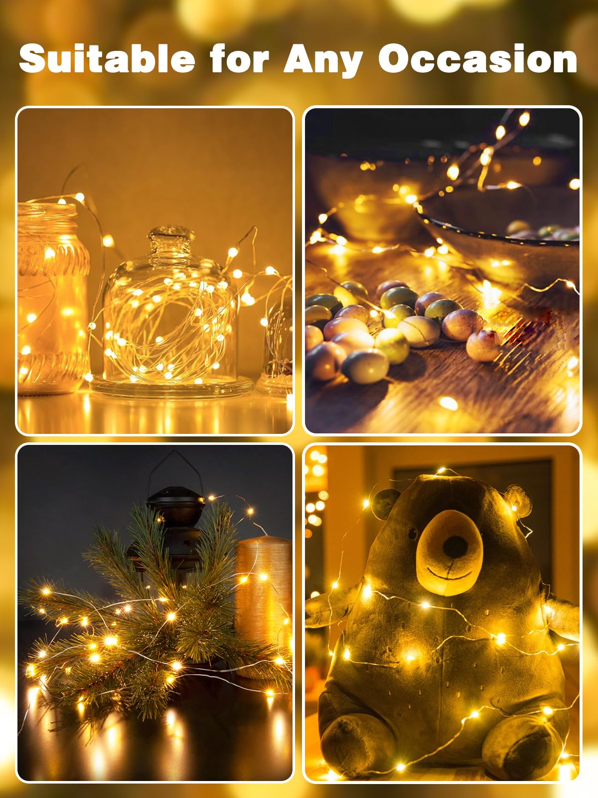 Yiqu 4 Pack Battery Operated Fairy Lights, Warm White Led String Lights With Remote Control Timer, 8 Modes For Indoor/Outdoor Décor
