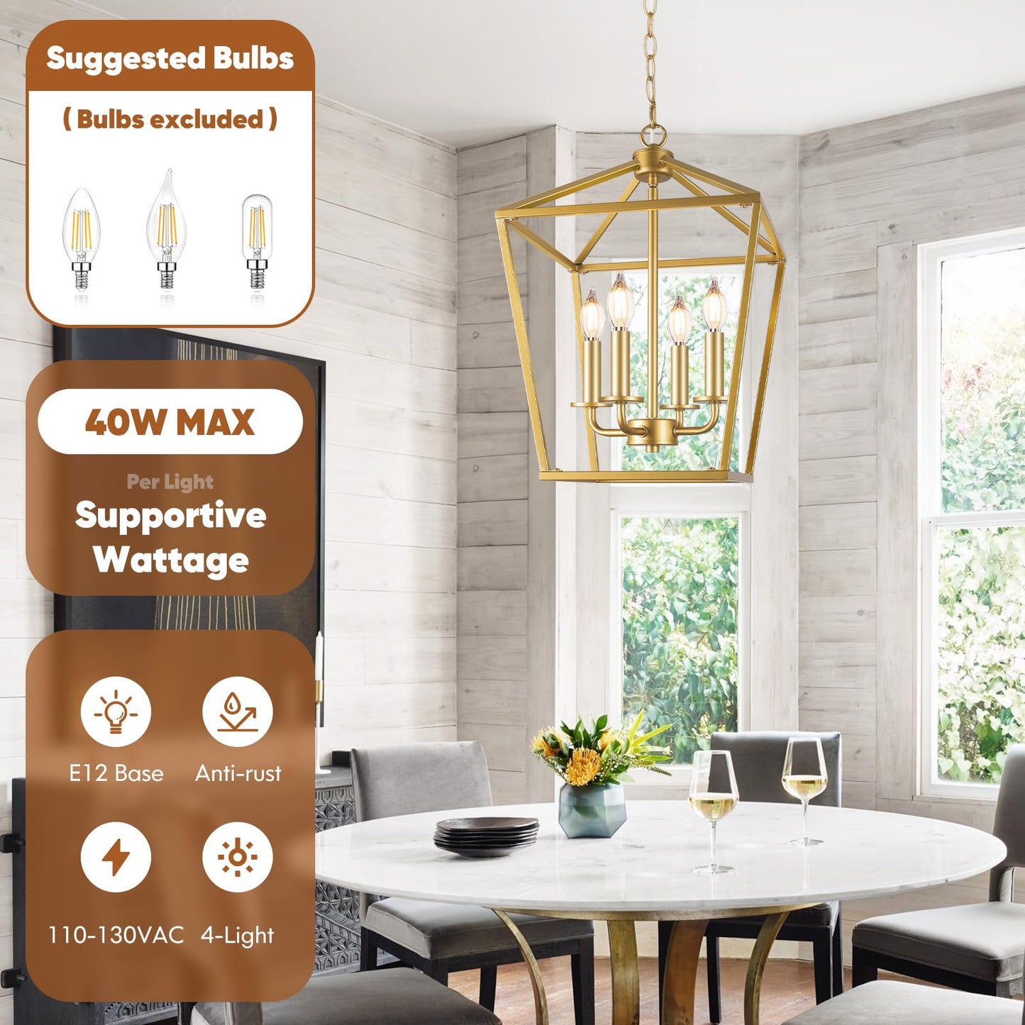 Farmhouse Chandelier 4-Light  Gold Pendant Light Fixture For Kitchen Island Dining Room  Lantern Industrial Lighting Ceiling Hanging With Metal Cage Adjustable Height For Entryway Foyer