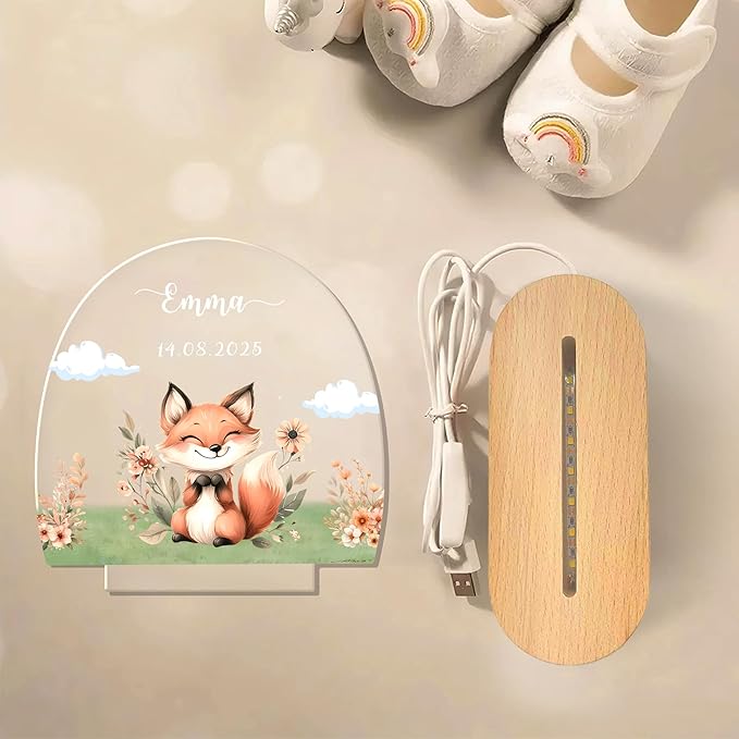callie Acrylic Night Light Name Plate Personalized, Custom Cute Animal Dog Cat with Wooden Base Bedroom Decor, Birthday Gifts Kid Gifts for Family (Animal Bear Fox)