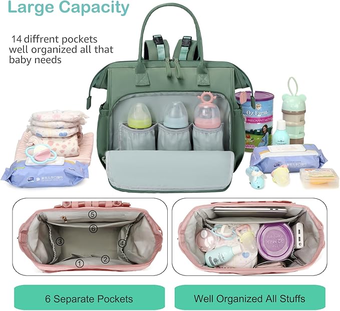 Convertible Diaper Bag Tote, Wide Open Top 14 Pockets Stylish Baby Diaper Bag with Stroller Buckle, Water-resistant (Green, Large)