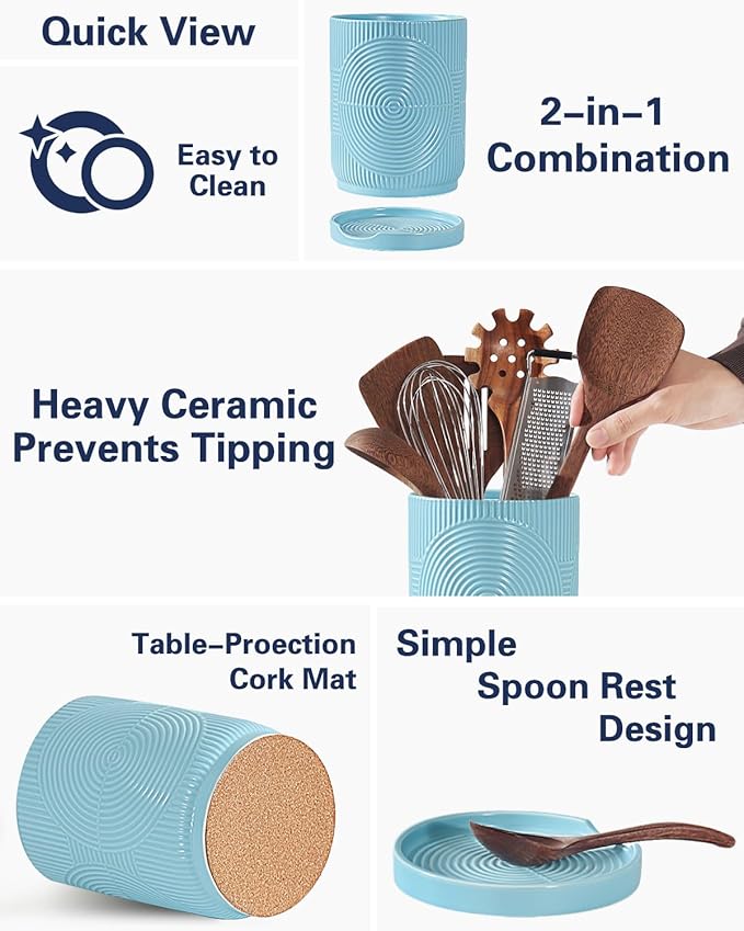 Utensil Holder, 7.2" Kitchen Utensil Holder for Counter, 2-in-1 Ceramic Cooking Utensils Holders with Spoon Rest, Utensil Crock for Spatula, Ideal Housewarming Gift(Blue)