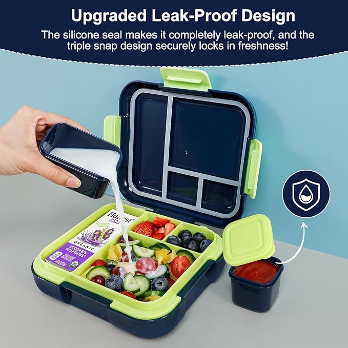Caperci Bento Box for Kids - Leak-Proof Lunch Box Snack Container with 2 Modular Containers & 4-Compartment, Hold 4.8 Cups, Portable Handle, BPA-Free, Microwave/Dishwasher Safe (Dinosaur)