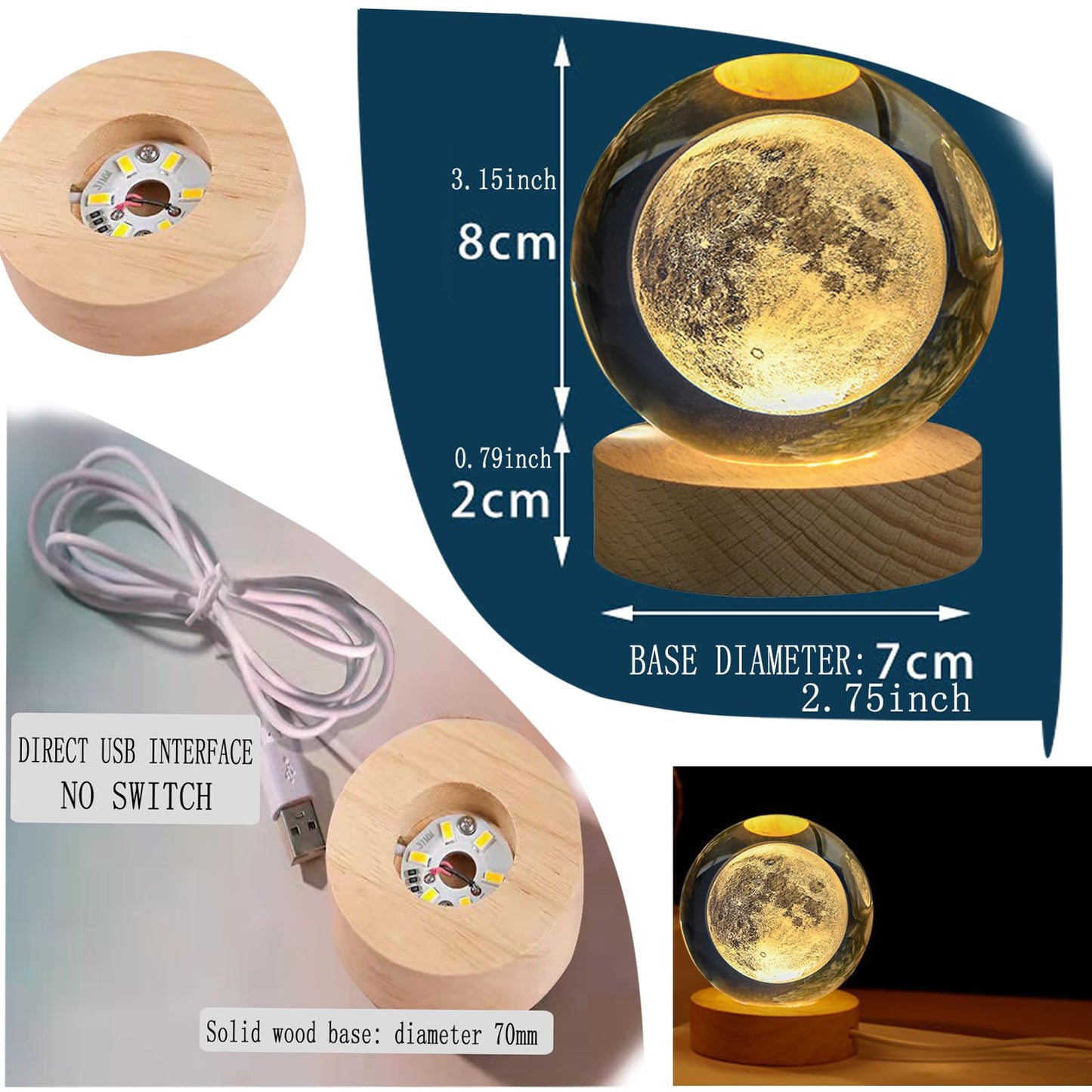 Kazetec Crystal Ball3.15 Inches(80Mm) Moon Crystal Ball Lamp 3D Large Crystal Ball  Magical Decoration Warm Light With Woodern Base Nightlight Decolamp As A Birthday Gift For Teens