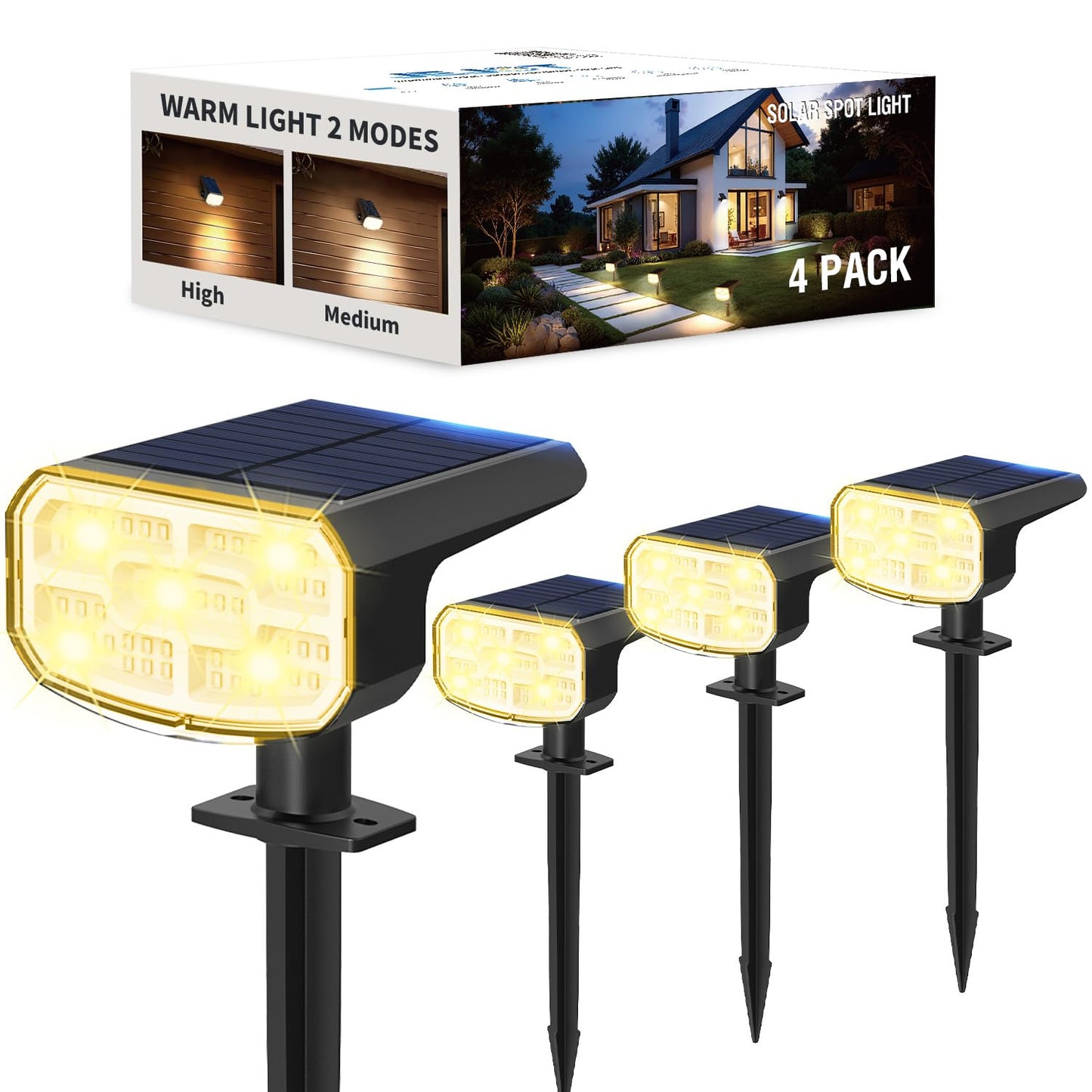 Jejot Solar Lights Outdoor Waterproof Ip65  Super Bright Led  3000K 2 Lighting Modes  Solar Powered Yard Garden Solar Spot Lights For Outside Landscape Auto On/Off -4 Pack