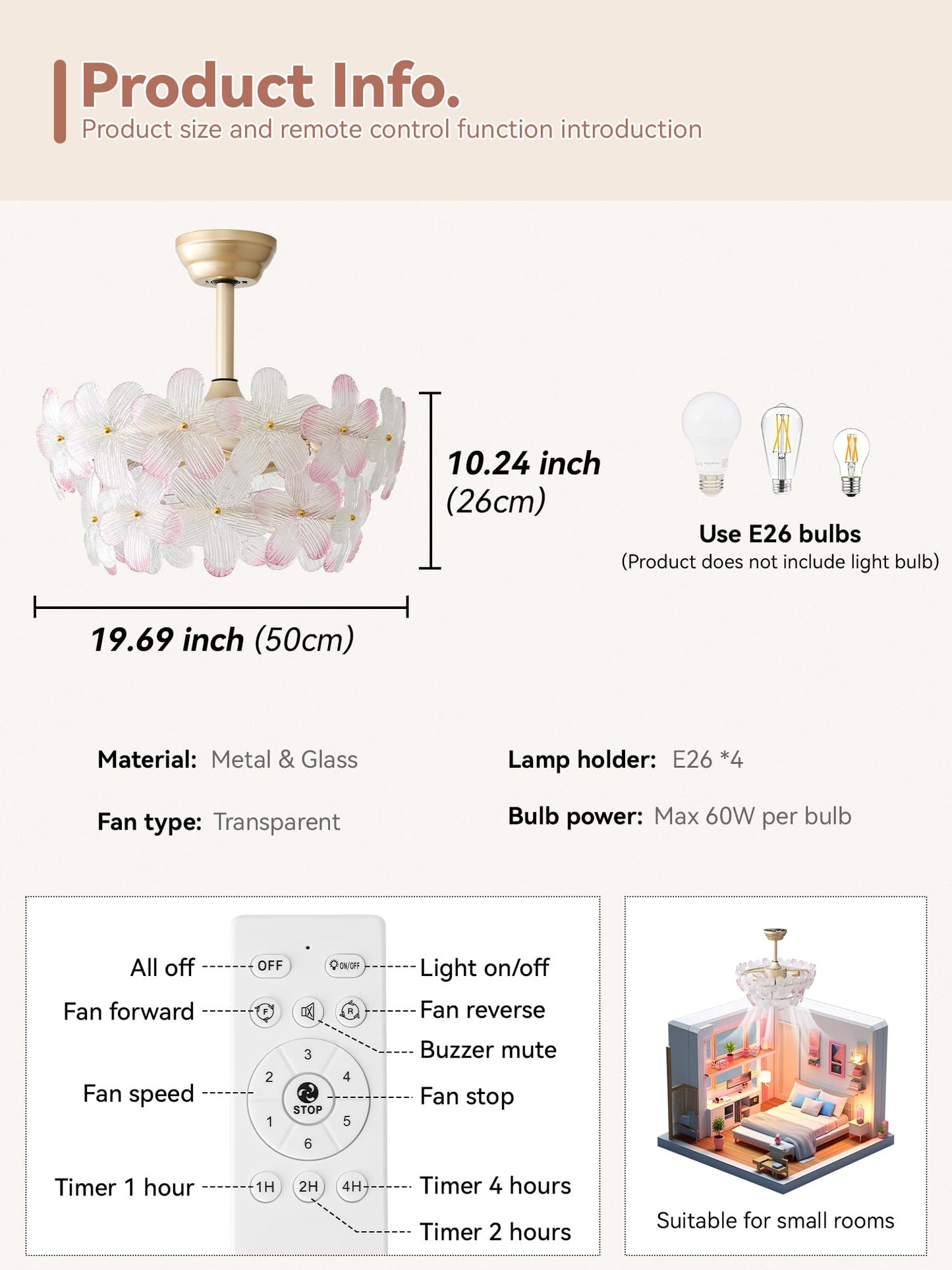 Ymkskj 20 Pink Crystal Fandelier Ceiling Fans With Lights, Pink Flower Chandelier Ceiling Fan With Light Remote Control, Morden