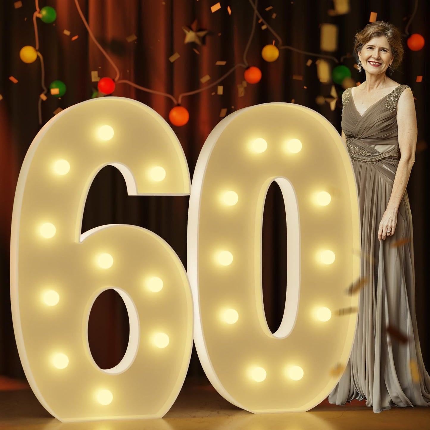 Marquee Numbers 4 Feet Tall Large Light Up Numbers 60Th Birthday Decorations Women Men Big Yellow Light Outdoor Anniversary Decorations Balloon Arch Kit Party Backdrop 60