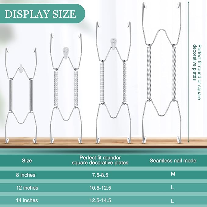 Hotop 12 Pieces Plate Hangers for Wall 8/12/14 Inch Stainless Steel Wire Invisible Plate Hangers Heavy Duty Display Holders with 12 Pieces Hooks for Wall Decorative(Silver)