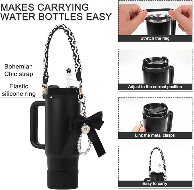 Stanley Cup Accessories Set- Water Bottle Handle Strap, Stanley Cup Protective Silicone Boot, Straw Lid Bow Design Stanley Charms for Stanley Cup 40oz /30 oz Tumbler (black)