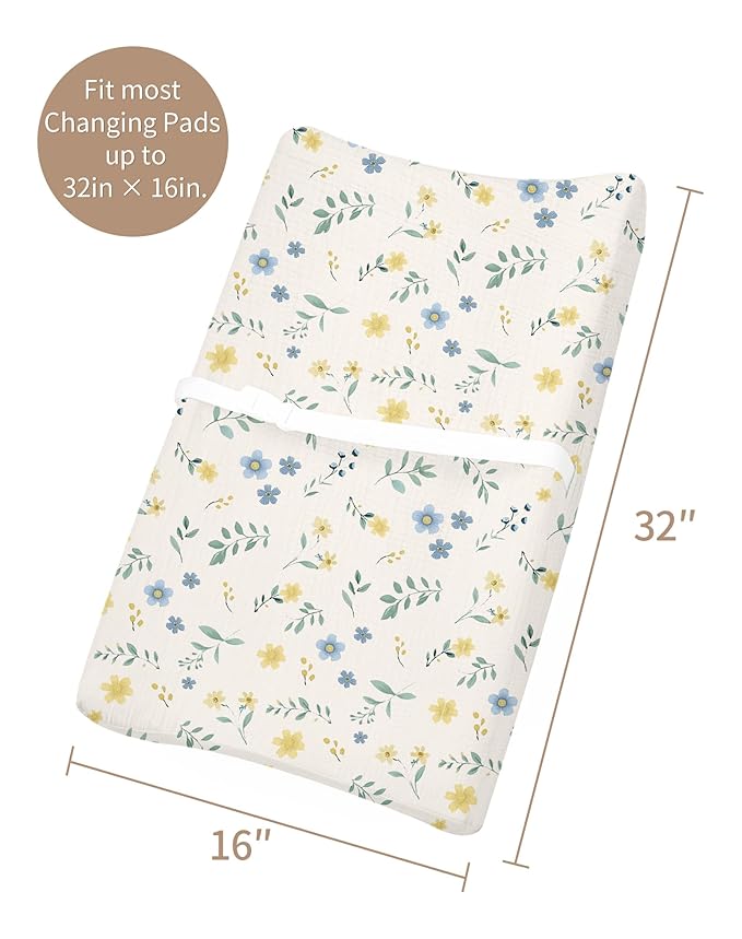 Changing Pad Cover for Baby Boy Girl 2 Pack, Muslin Changing Table Pad Covers with Boho Style, Neutral Nursery Bedding Essentials Soft and Breathable (Spring Garden & Sage)
