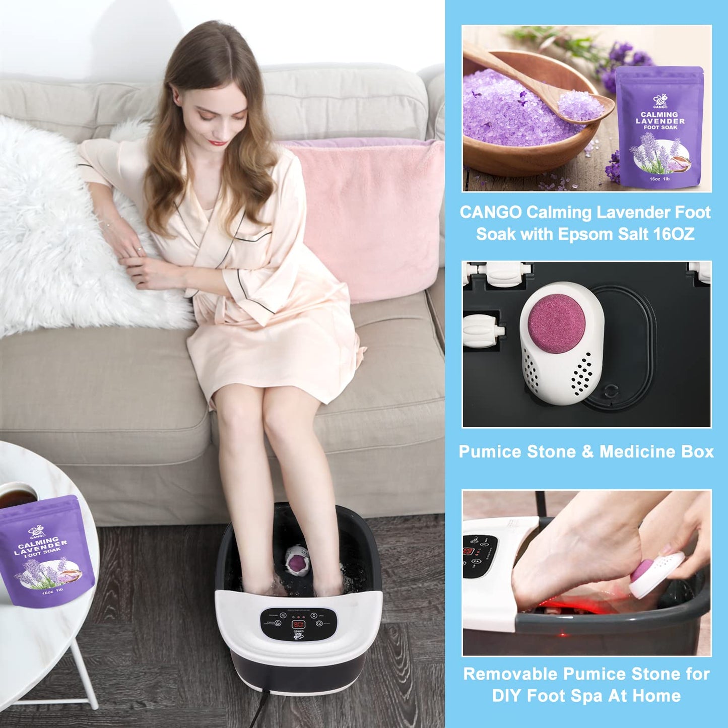 Foot Spa Bath Massager with Heat Bubbles and Vibration Massage and Jets, 16 OZ Calming Lavender Foot Soak Epsom Salt, CANGO Foot
