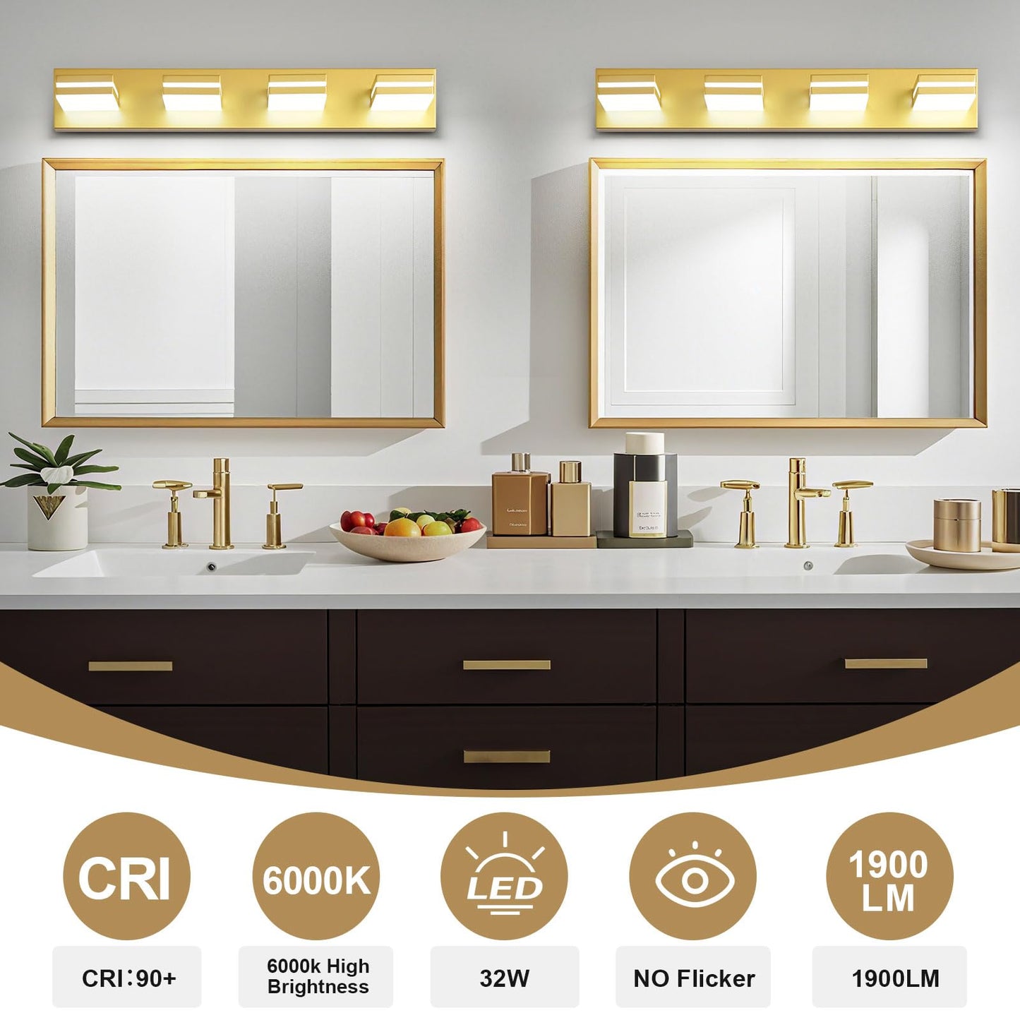 Jzekvn Modern Led Bathroom Lights Fixtures(4-Light) Metal Gold Acrylic Wall Lighting Vanity Lights For Bathroom Over Mirror(6000K 27In