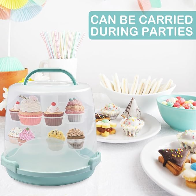 Cake Carrier Round Cake Stand Plus Height Cake Container with Cupcakes Pad, Handle, Lid Reusable Package Box for Transporting Desserts,Pie,Toast,Fruit (10" Blue)