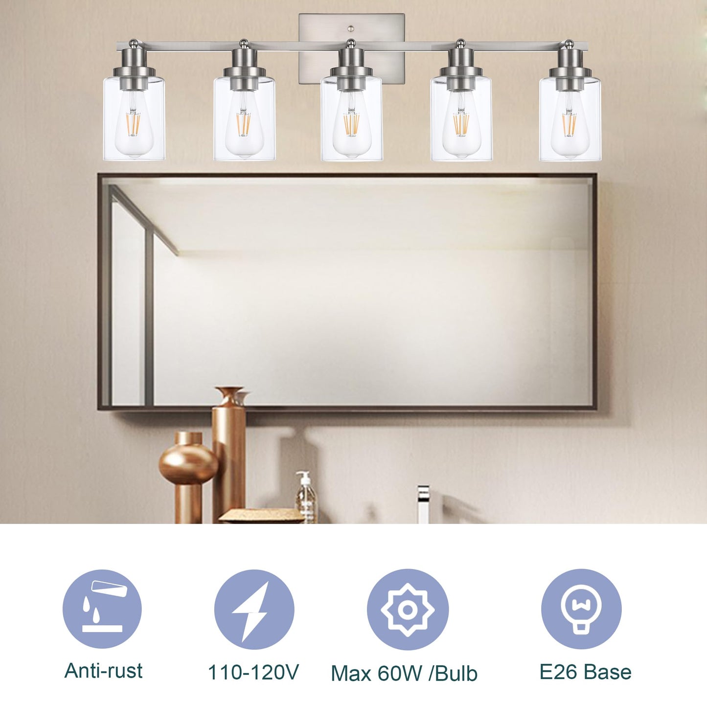 Wanluce 5 Light Track Lighting Kit Brushed Nickel Kitchen Track Lighting Fixtures Ceiling Mount Bathroom Vanity Wall Scones Light Fixture With Clear Glass  Rotatable Spotlight For Kitchen Shop Hallway