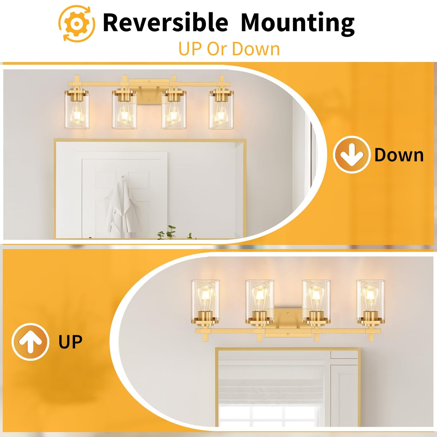 Spiglamm 4-Lights Bathroom Vanity Light, Brushed Gold, Glass Shades, Model BG-Wall-4