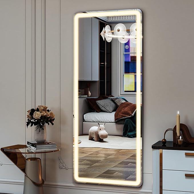 26x68 inch Full Length Mirror with Lights, LED Lighted Floor Standing, Hanging Mirror Full Length with Stand Free, Full Body Dressing Mirrors with Dimmable 3 Color LED
