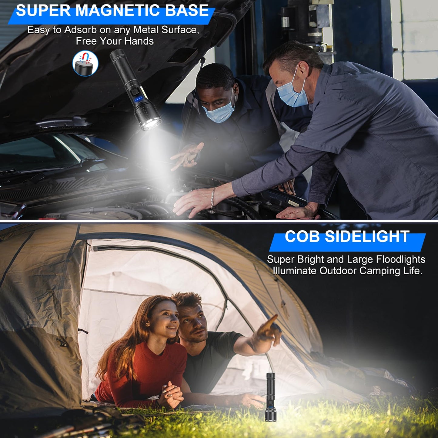 Rechargeable Magnetic Flashlights 100 000 High Lumens  Super Bright Led Powerful Flashlight 8 Modes With Cob Work Light  Waterproof Handheld Flash Light For Camping (2 Pack With Paper Box  Black)