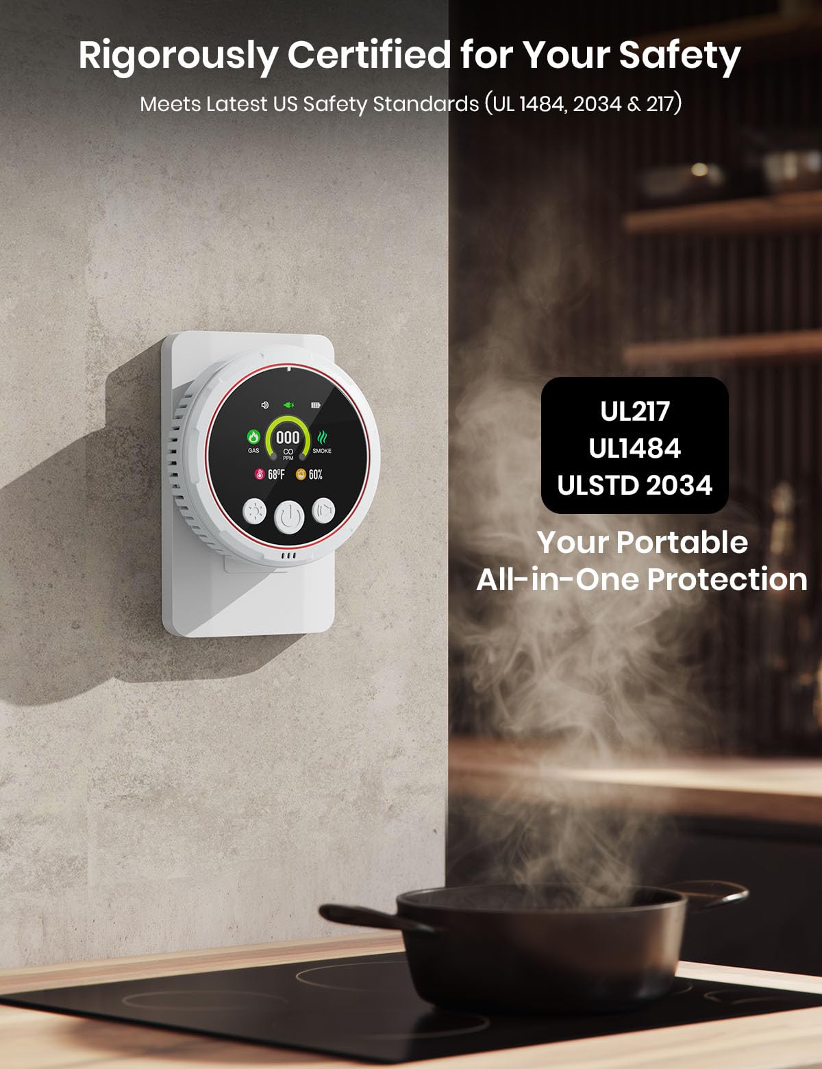Carbon Monoxide Detectors, 5-in-1 Smoke Detector, Travel Carbon Monoxide Detector, Natural Gas Detector Combustible Gas Detector, and Temp/Humidity Detectors, Real Time Display