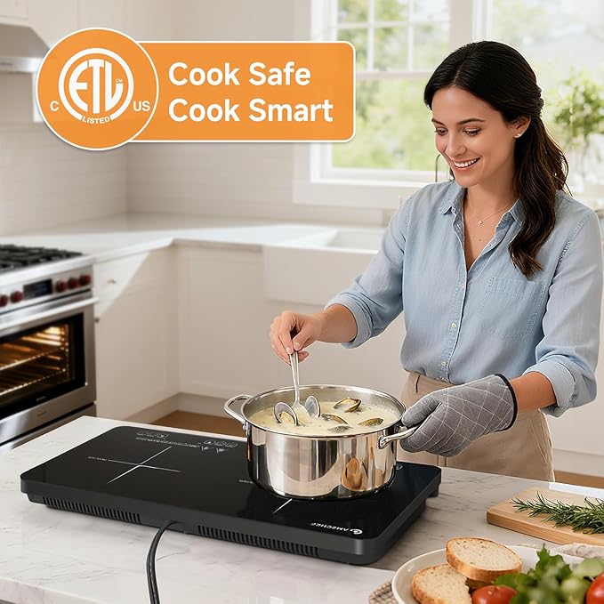 AMZCHEF Portable-Induction-Cooktop-2-Burner-ETL-Certified: 18 Power & 20 Temperature Levels Induction Burners 1800W, Independent Control,10-hour Timer, Safety Lock, Low Noise Electric Cooktops