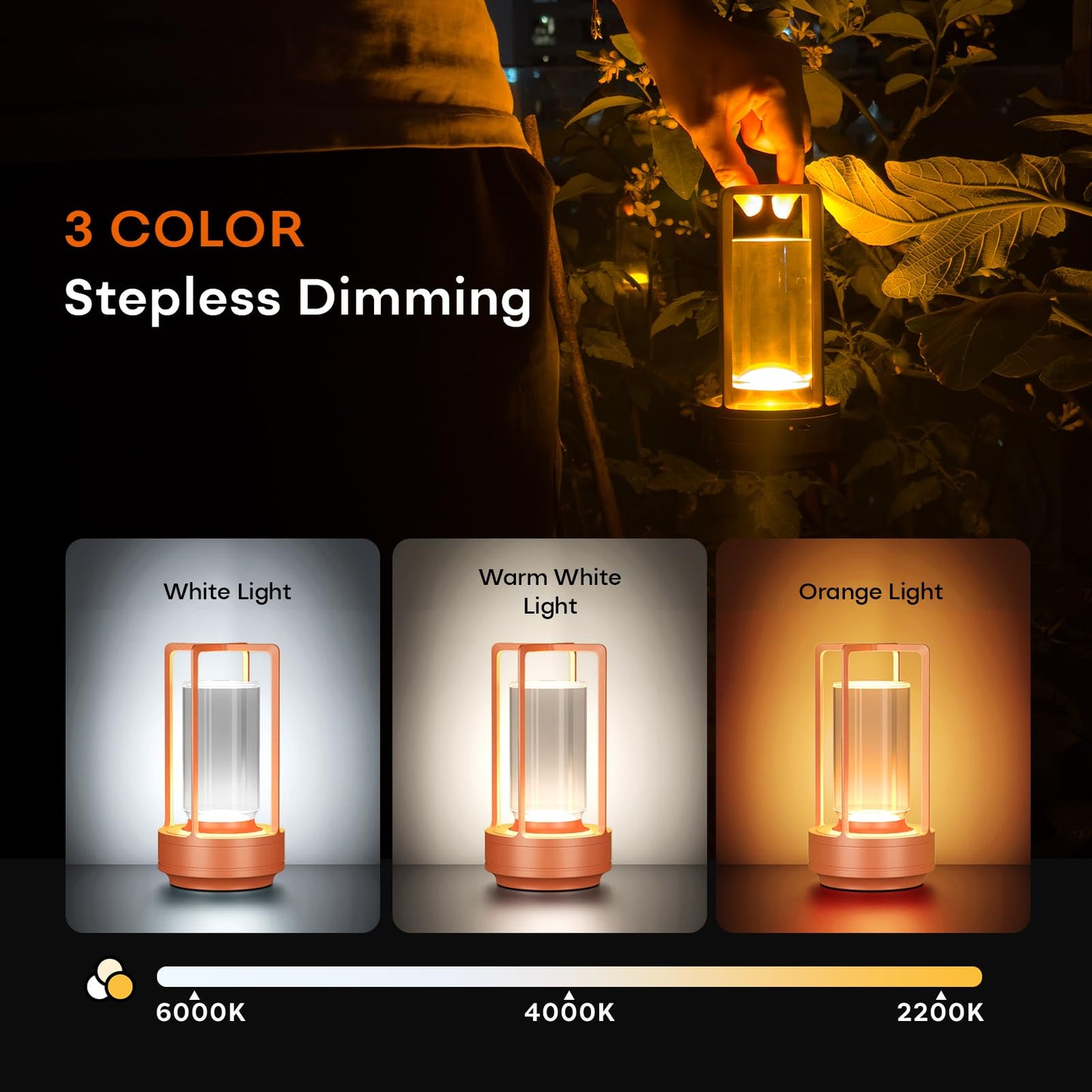 HAPYGI Portable Metal Table Lamp - Rechargeable LED, 3-Colour Dimming, Battery Powered, Set of 2, Orange