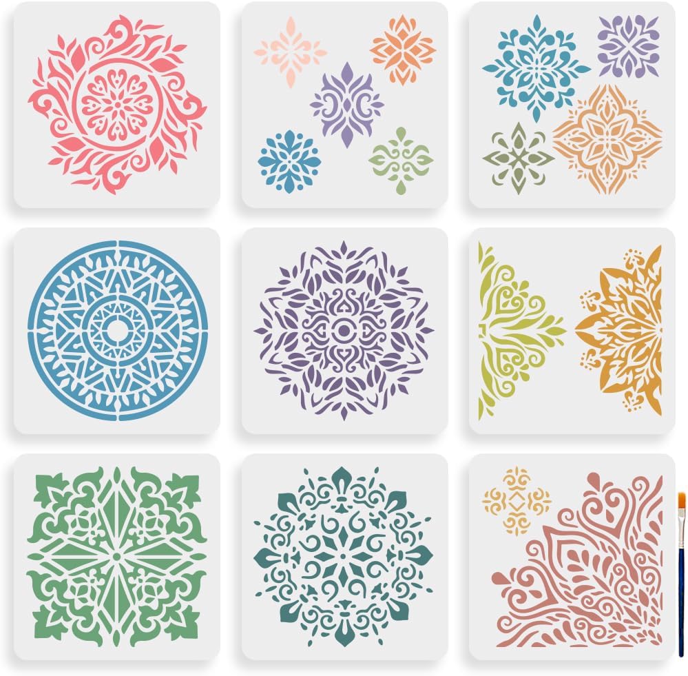 MAYJOYDIY 9pcs Mandala Stencil 7.8×7.8inch 18 Types Vintage Mandala Patterns with Paint Brush Square Reusable Furniture Stencils for DIY Mandala Art Craft Wood Floor Wall Tile Fabric