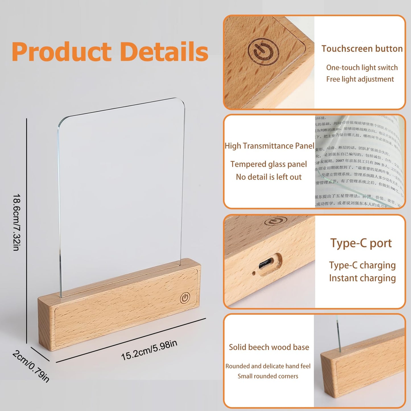 AVEKI Book Light, Dimmable LED Reading Light 3 Color Flat Book Lamp for Reading, Rechargeable Page Light with Wooden Base and Scratch-Resistant Panel, Portable Gifts for Kids Eye Protection (Wood)