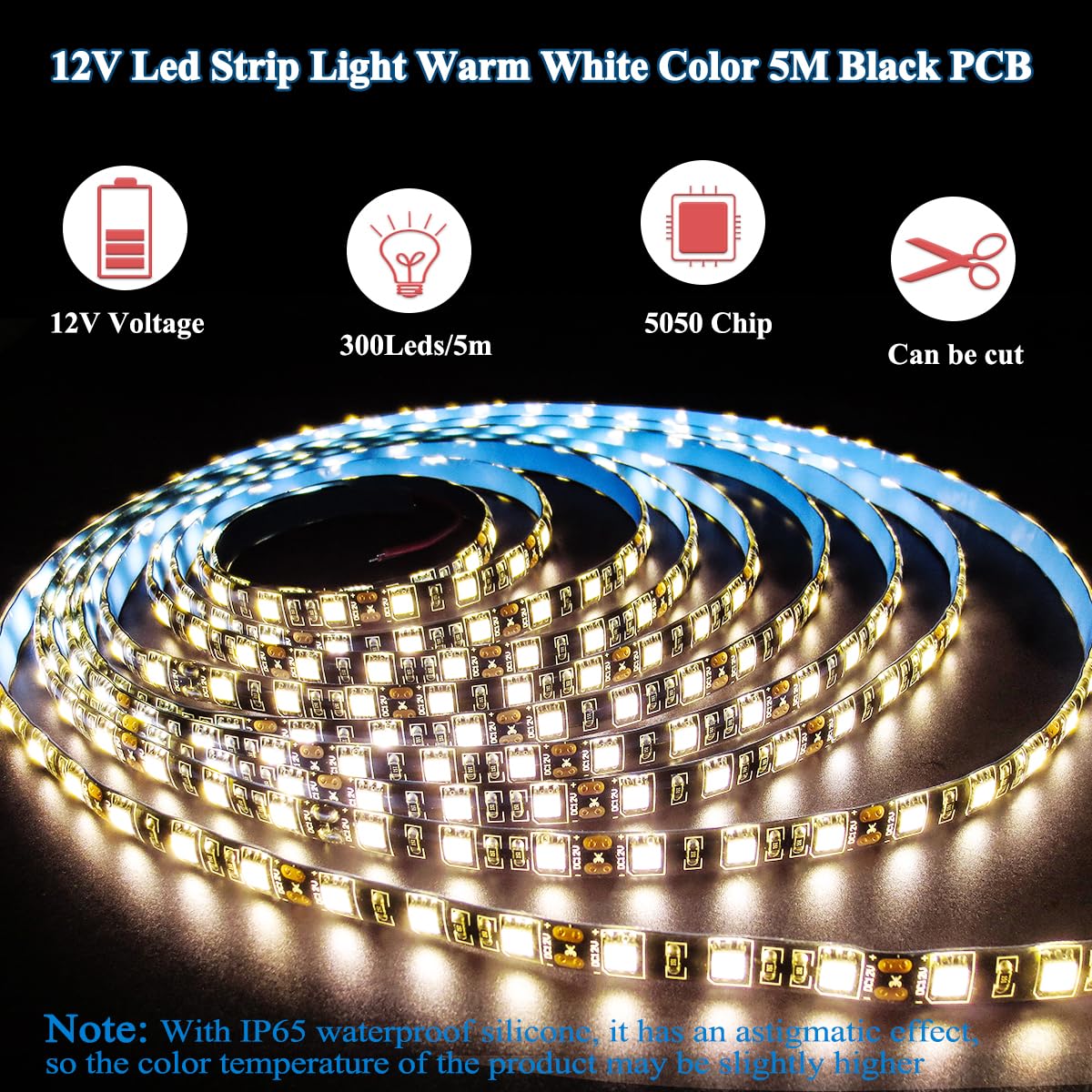 TX 12V LED Strip Light, 3000K Warm White, IP65 Waterproof, 16.4ft, SMD 5050, Black PCB, 300 LEDs for Bedroom & Kitchen