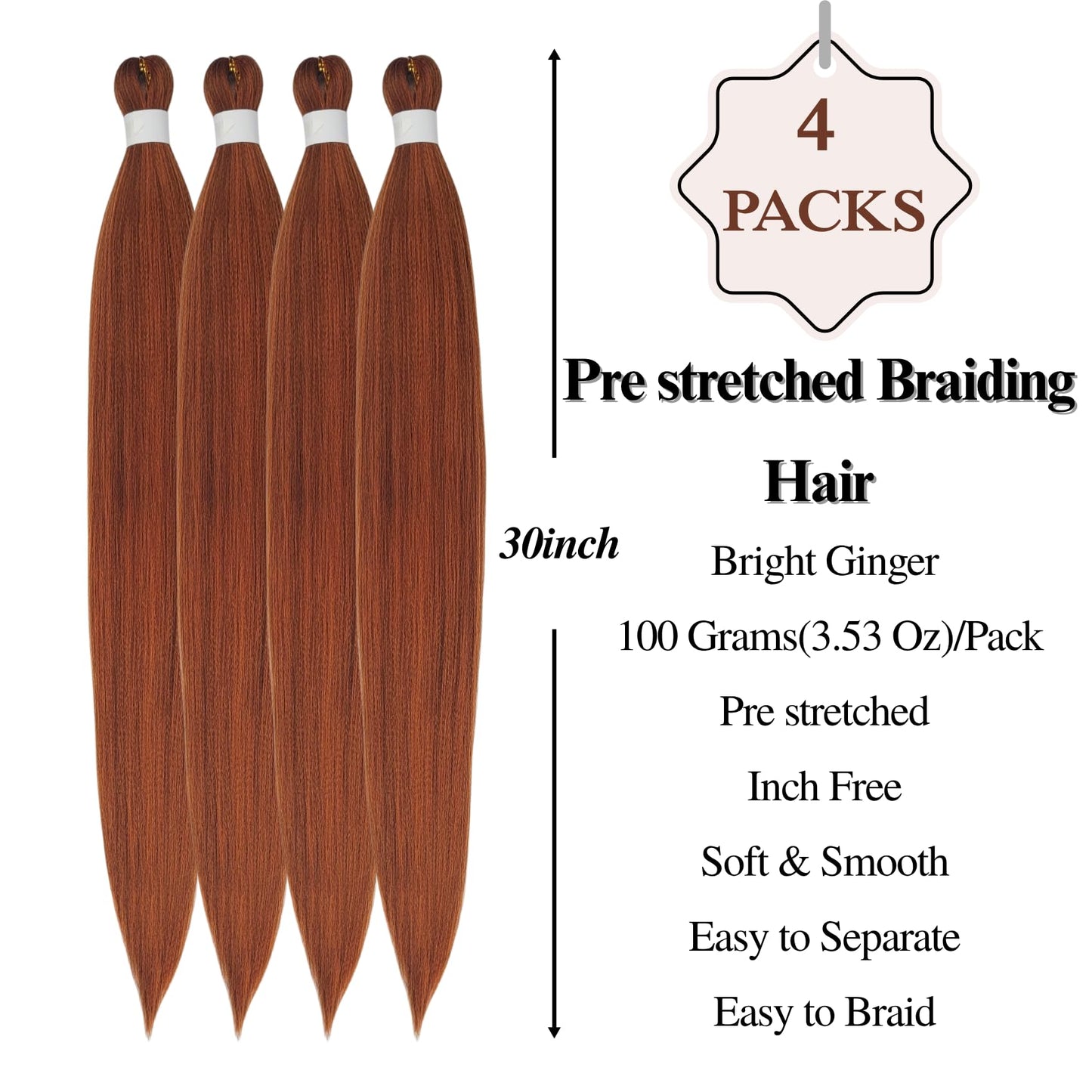 Bright Ginger Boho Braiding Hair Curly Pre Stretched Knotless Braiding Hair for Boho Braids(30 inch, Packs of 4)