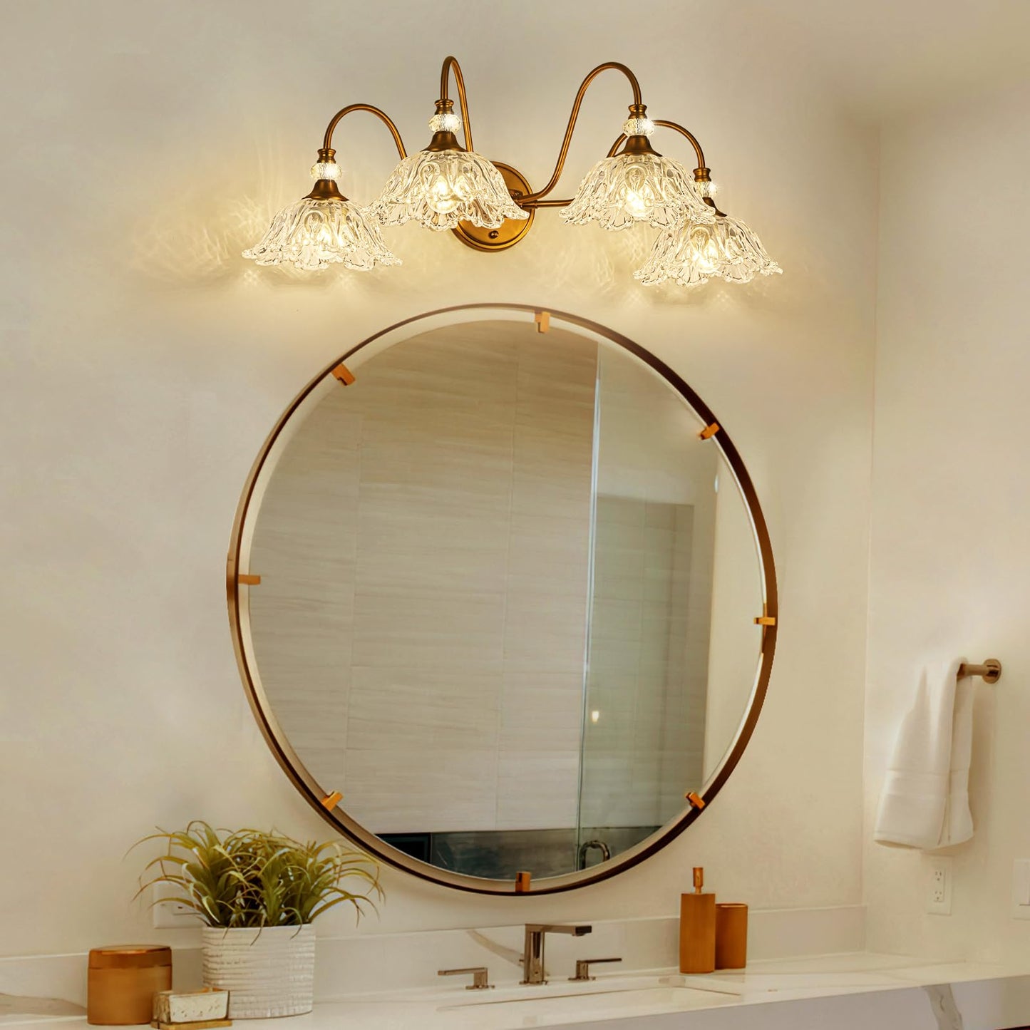 Sunkryster Vintage Matte Brass Finish Bathroom Vanity Light  4-Light Vanity Light With Floral Glass Shades  Retro Wall Mount Lighting For Bathroom  Dressing Table