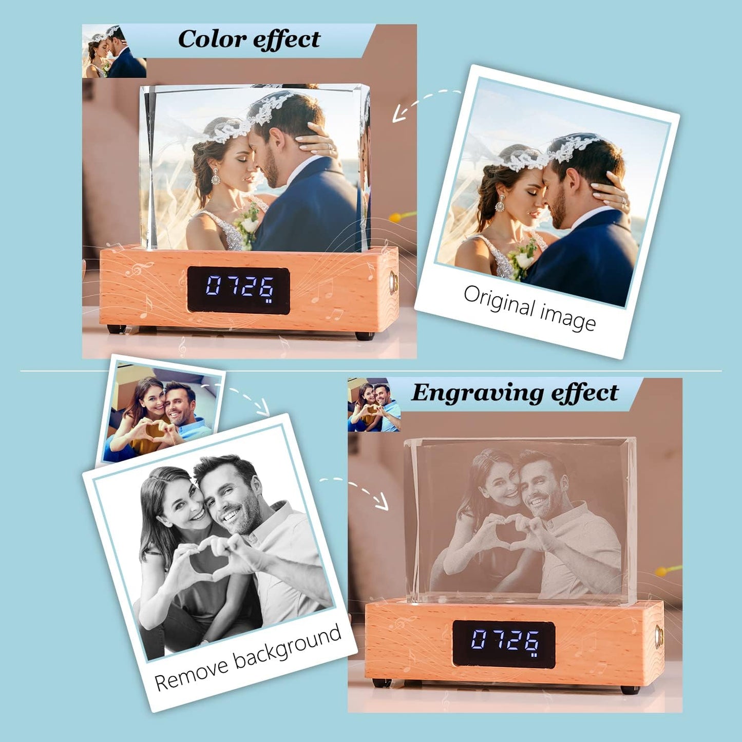 Personalized Custom Photo Creative Gift Decoration Luminous Crystal Bluetooth Music Box with Clock Display to Send Girlfriends and Friends Anniversary Wedding Gifts