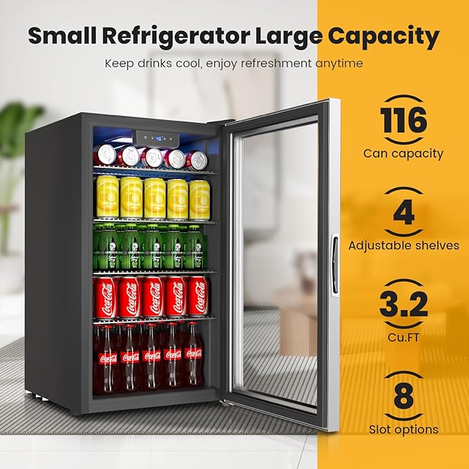 Mini fridge,116 Can Beverage refrigerator cooler with Glass Reversible Door for Soda Beer Wine, 3.2 Cu.ft Small Refrigerator for Home Kitchen, Adjustable Removable Shelves,Hidden Door Handle