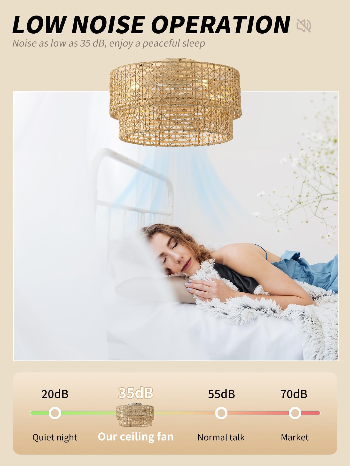 Flush Mount Ceiling Fan With Lights Low Profile, 20 Rattan Boho Ceiling Fan With Light Remote Control, Bladeless Caged With 6 Sp
