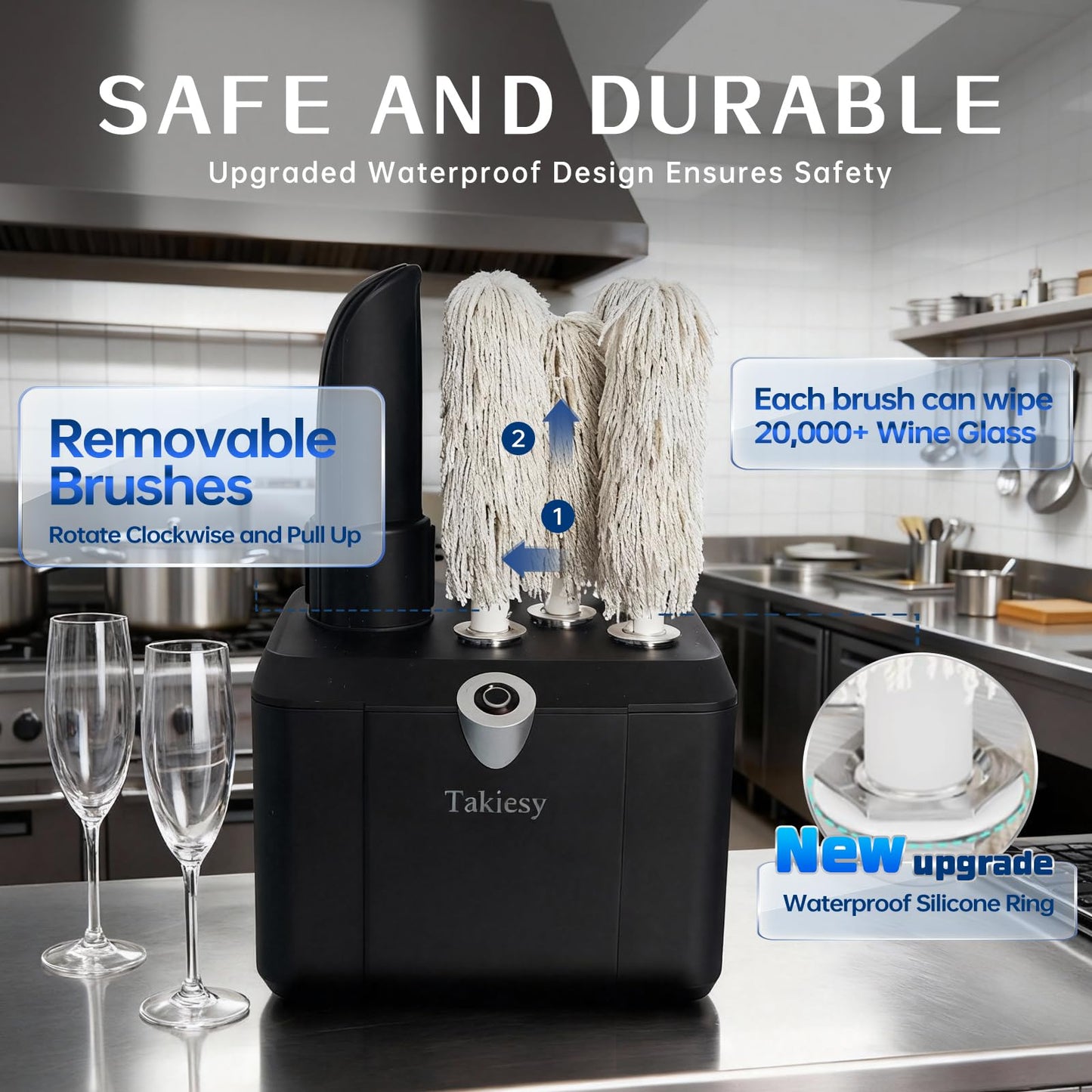 Takiesy Commercial Glass Polisher Machine with 6 Microfiber Brushes, 330 Cups/Hour, 136℉ Warm Air Drying & LFGB Certified Heads, Build for Wine Beer Glasses in Bar Restaurant Hotel