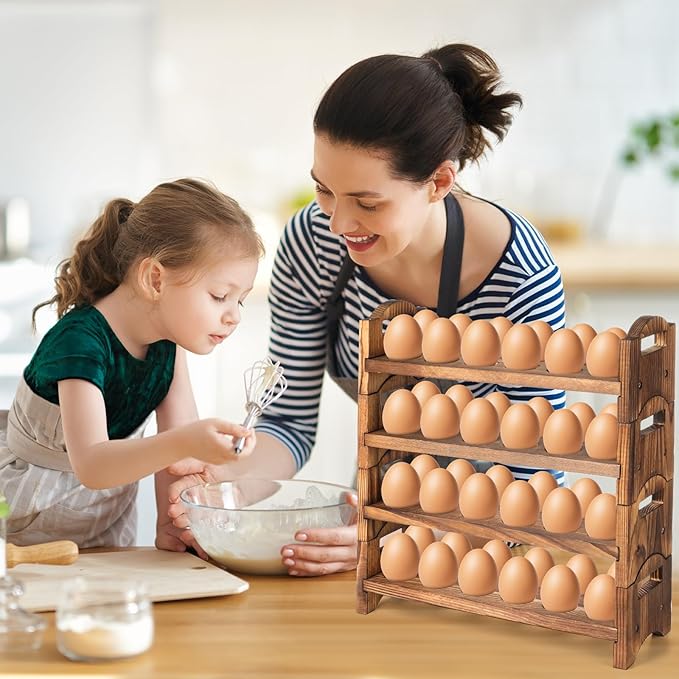 4-Tier Wooden Egg Holder Countertop, Egg Holder for Fresh Eggs, Farmhouse Kitchen Egg Tray Rack Holds 48, Firewood Stackable Egg Storage Basket with Carry Handle for Kitchen Refrigerator Counter