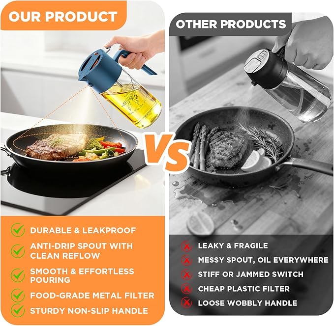17oz/500ml Premium Olive Oil Sprayer for Cooking, 2 in 1 Glass Olive Oil Dispenser Bottle for Kitchen Gadgets, Spray Bottle with Portion Control for Salad, Frying, BBQ (Blue)
