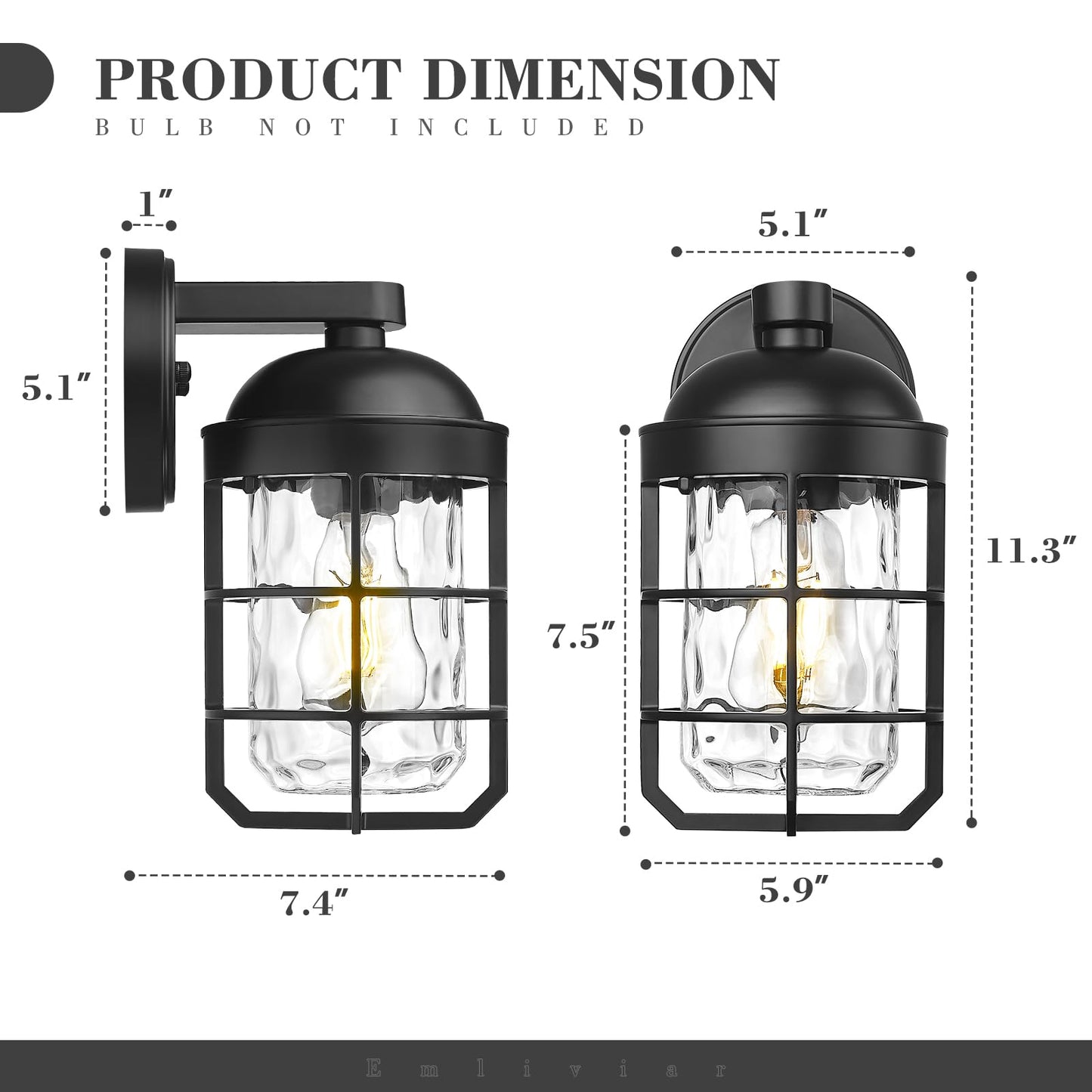Emliviar 1-Light Porch Wall Lantern With Metal Cage  Outdoor Sconce Wall Mounted Lighting With Water Ripple Glass  Matte Black Finish  Ge255Bl Bk-Wg