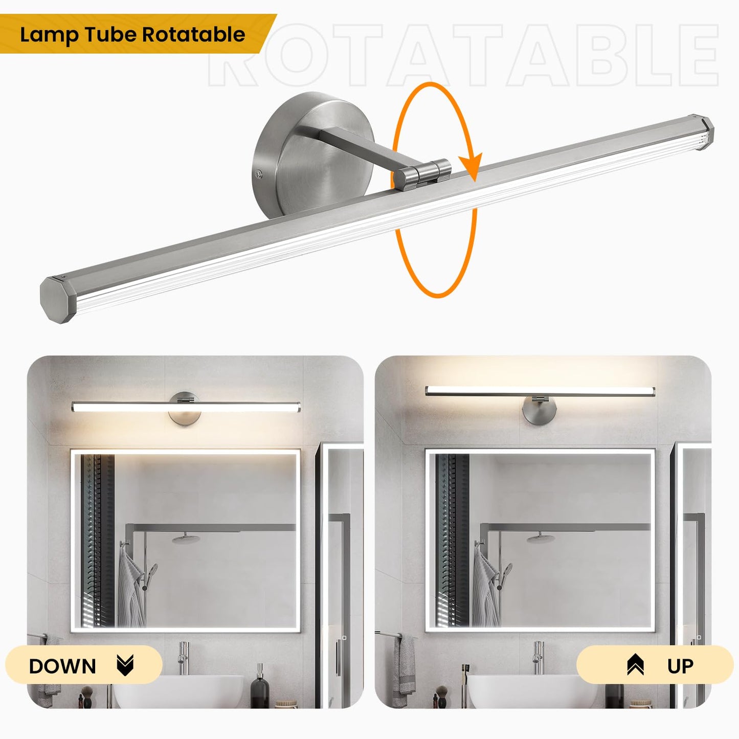 KAISITE Bathroom Light Fixture Over Mirror 30IN Brushed Nickel LED Vanity Light 24W 3000K Dimmable Modern Bathroom Wall Mount Lighting Fixture Rotatable Bath Vanity Light Bar