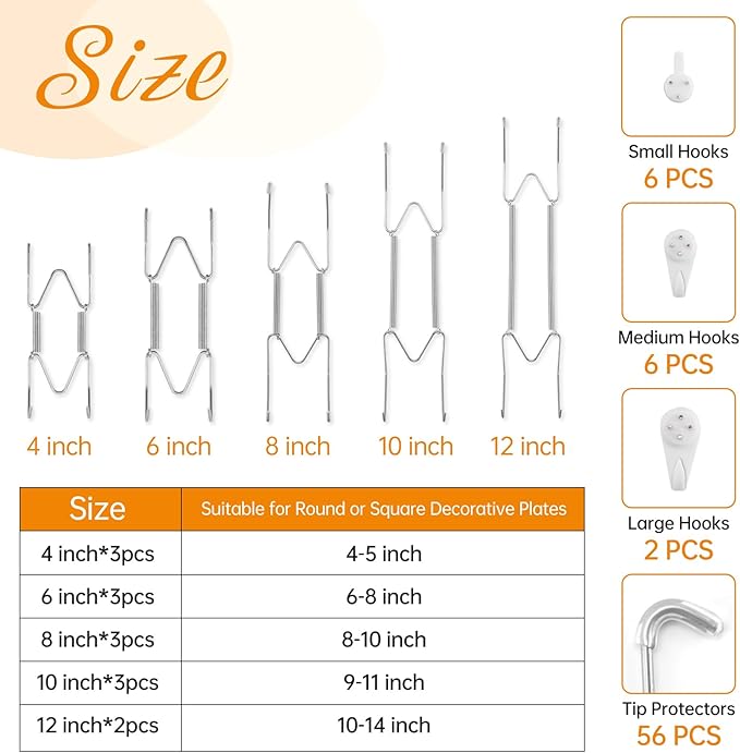 Bilillo 14 Pcs Plate Hangers for Wall - 4/6/8/10/12 Inch Invisible Plates Hanger, Stainless Steel Plate Holders with 14 Pieces Wall Hooks for 4 to 14 Inch Decorative Plates and Arts (Silver)