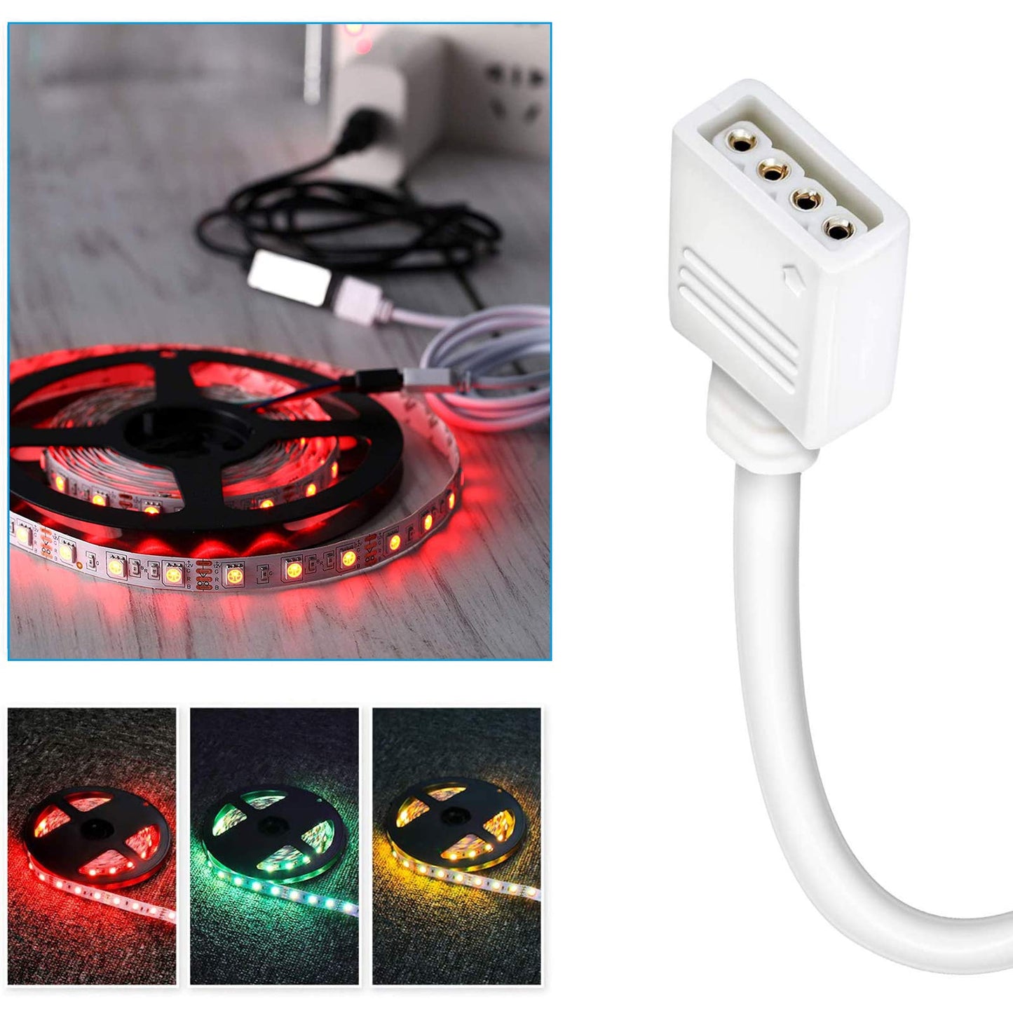 Rgbzone 1M Extension Cable For Smd 5050 Rgb Led Strip - White, Plastic, 4-Pin Connectors, 2 Pack