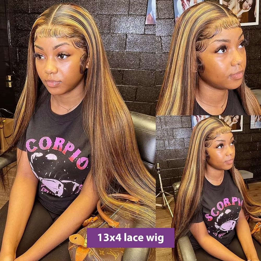 KFgood Ombre Lace Front Wig Human Hair 28inch Highlight 13x4 HD Straight Lace Front Wigs Human Hair 200% Density 4/27 Colored Ho