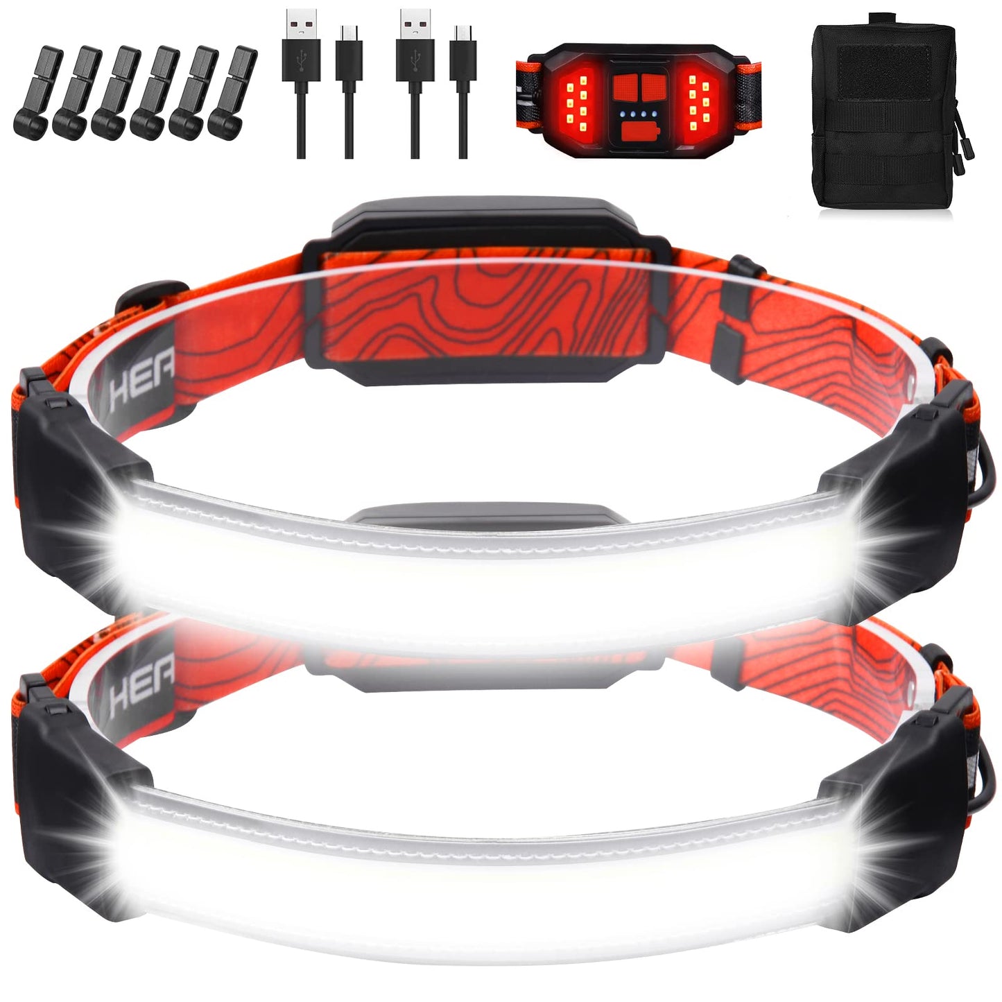 BZYUY LED Headlamp 2 Pack, 1500 Lumen, 6 Modes, USB Rechargeable, Waterproof, Red, Model cheng1