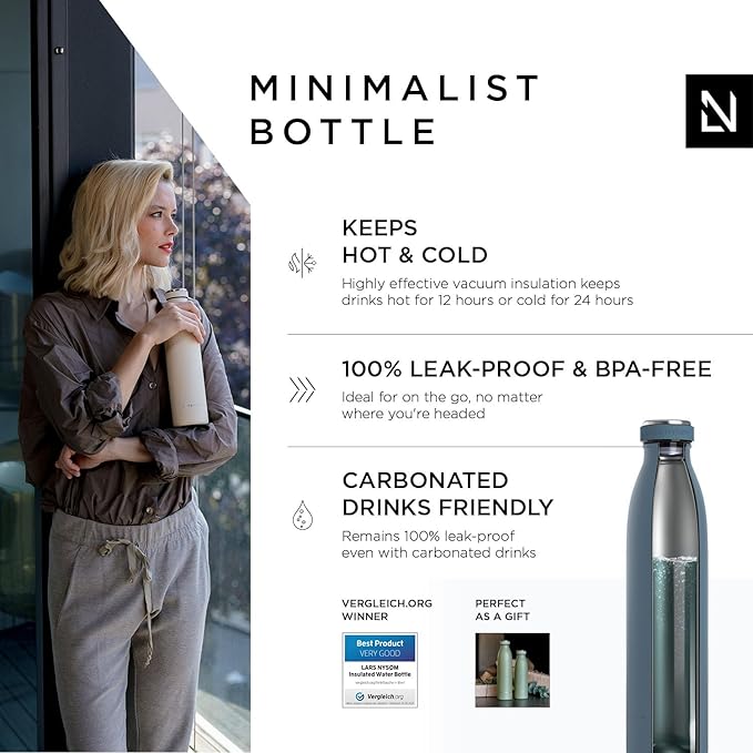 LARS NYSØM Stainless Steel Insulated Water Bottle 12oz 17oz 25oz 34oz 51oz | BPA-free Insulated Thermo Flask for Hot and Cold Beverages | Leakproof Drinking Bottle (Blue Stone, 25oz)