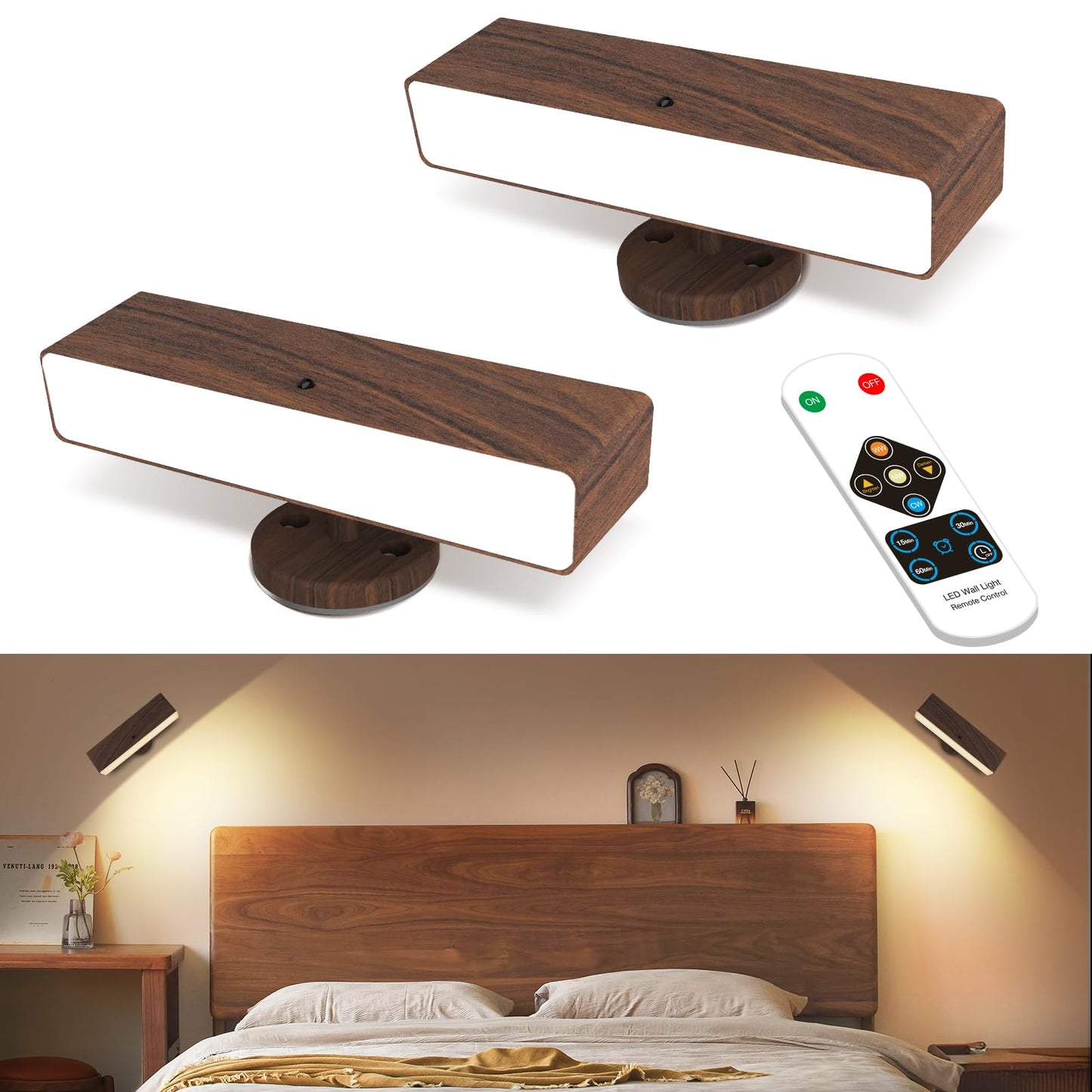 Battery Operated Wall Sconces Set Of 2: Wireless Rechargeable Wall Light With Remote&Button  360?Rotate Magnetic Scone Lighting Led Wall Mount Sconce Lamp For Bedroom Bedside Reading  Wood