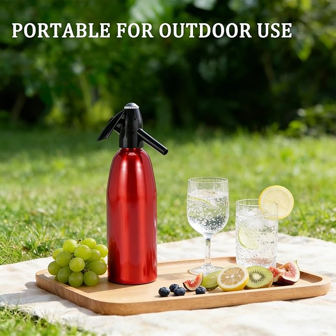 1L Portable Soda Siphon – Aluminum Home Soda Maker, Red Vintage Seltzer Bottle for DIY Carbonated Drinks, Sparkling Water Maker for Healthy Cocktails, Use 8 gram CO2 Cartridges (Not Included)
