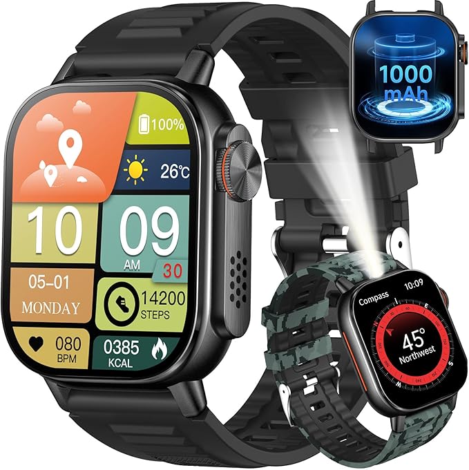 KPEP Military Watches for Men (2 Straps), 2.01" Fitness Tracker Watch with LED Flashlight, 100 Days Battery, Compass, SpO2...