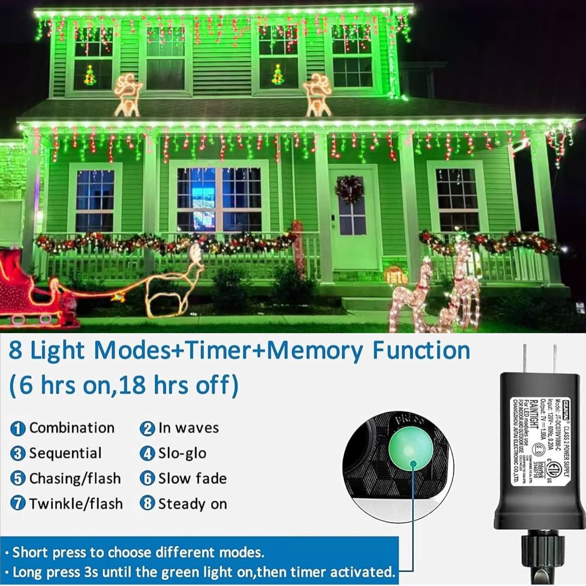 YEGUO Icicle String Lights 33ft 400 LED Red and Green Waterproof 8 Modes with Memory Timer