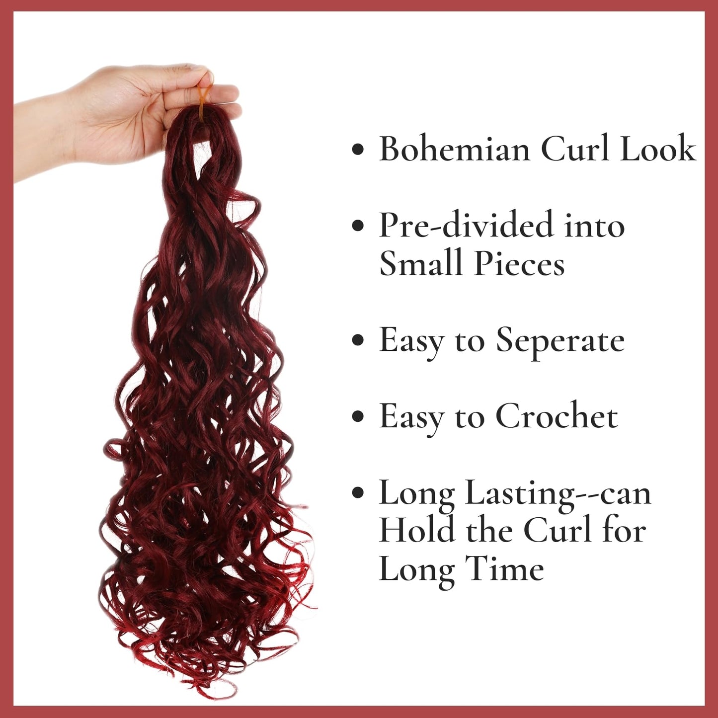 Burgundy Braiding Hair Pre Stretched Knotless Braiding Hair for Boho Braids Ocean Wave Boho Hair Extensions for Braiding (6 Pack