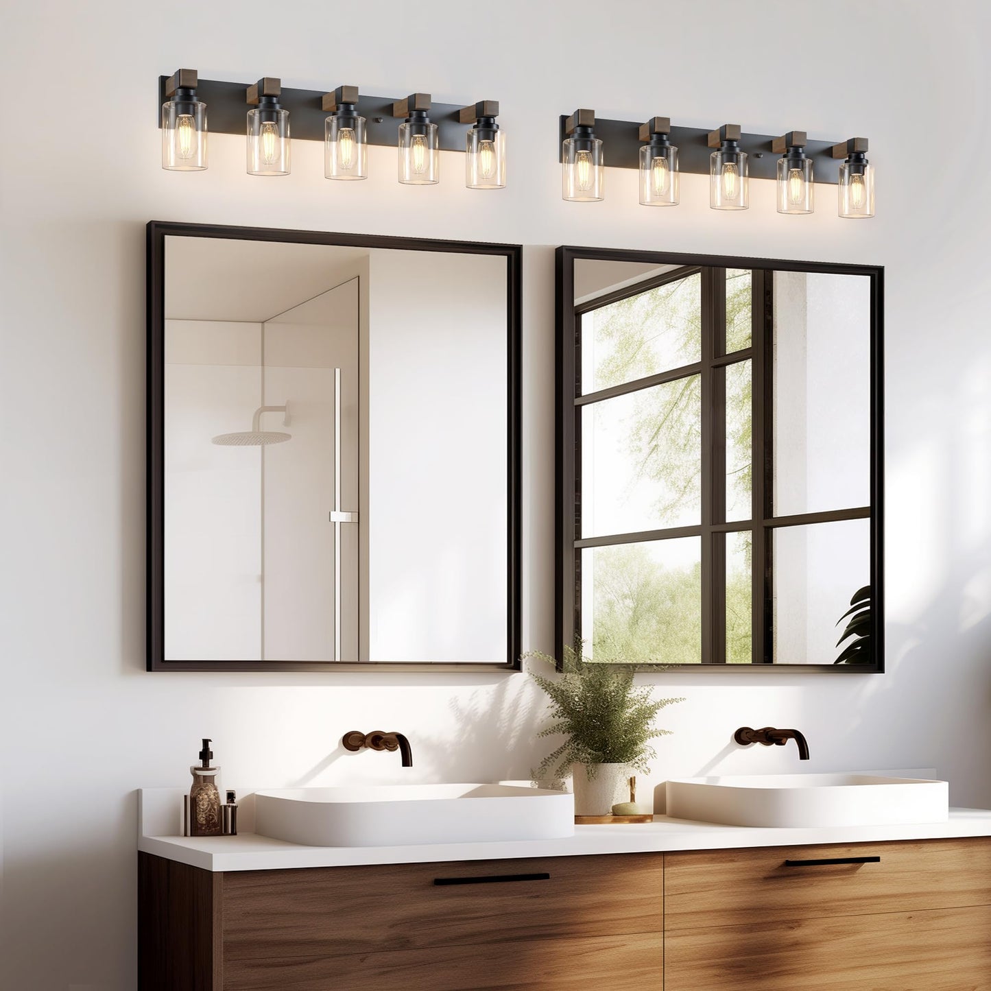 Farmhouse Bathroom Vanity Light Fixtures  Rustic 5-Light Wood Vanity Lights For Bathroom  Vintage Black Wall Sconces Lighting  Light Fixtures Over Mirror  With Glass Shade